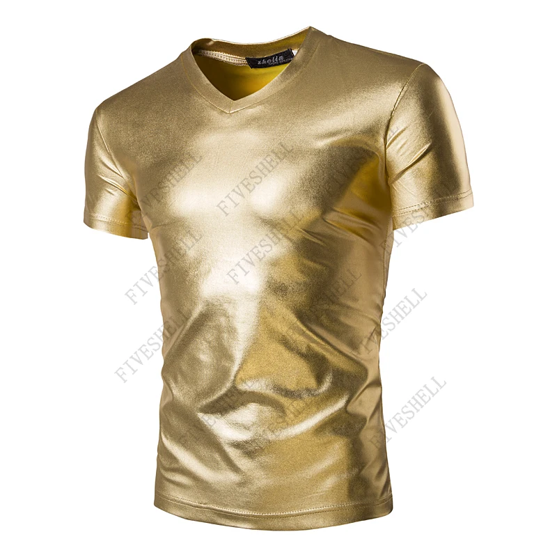 Camiseta de oro brillante con cuello en V para hombre, camisa Punk de Hip Hop para DJ, club nocturno, Bar, ajustada, de manga corta