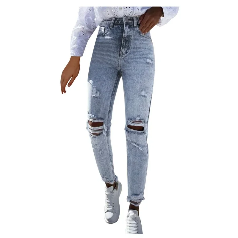 Women Button High Waist Pocket Elastic Hole Pants 2024 Ladies Ripped Stretch Slim Fit Jean Trousers Casual Denim Pant Streetwear