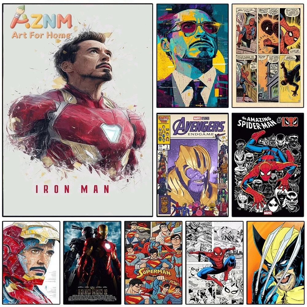 AZNM Iron Man Half‑Human Half‑Armor Fragment Splatter Canvas Wall Print, Superhero Tony Stark Portrait Modern Abstract Comic G