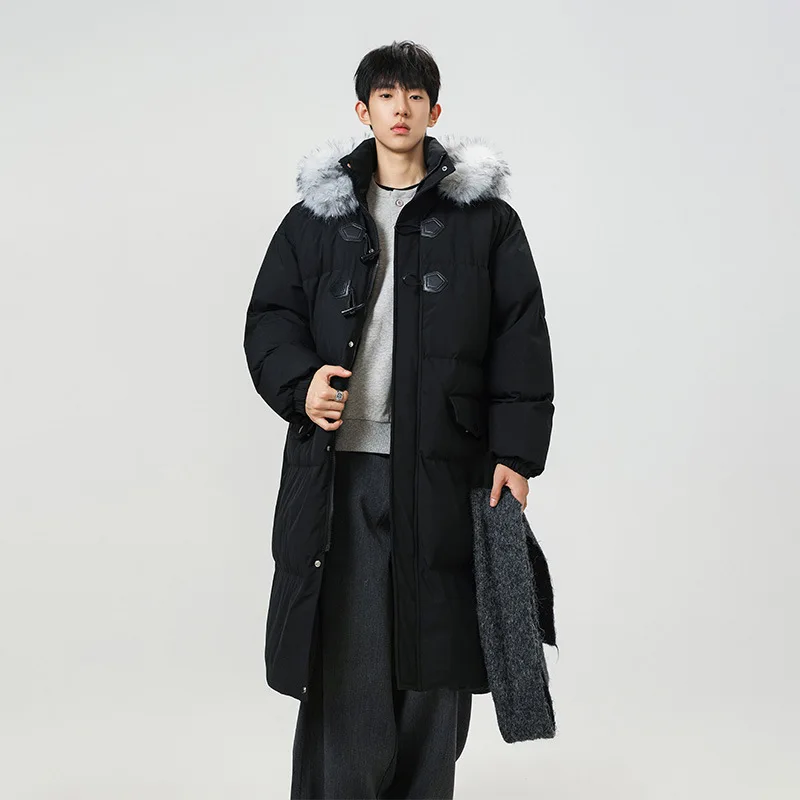 New Fashion Winter Men's Solid Color Casual Trendy Loose Simple Basic Faux Fur Collar Hooded Quilted Coats Male Parkas Clothes