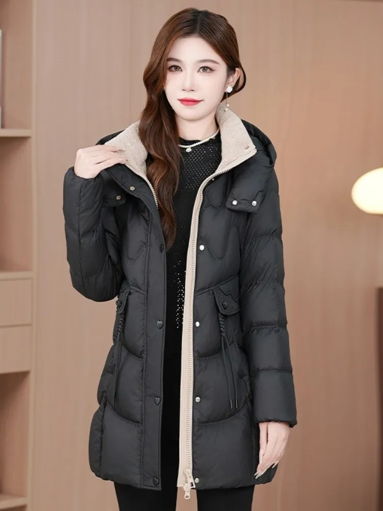 Winter Women Medium Long Warm Parkas Fashion Spliced Hooded Coat High Waist Zipper Streetwear Casual Outerwear Female Overcoat