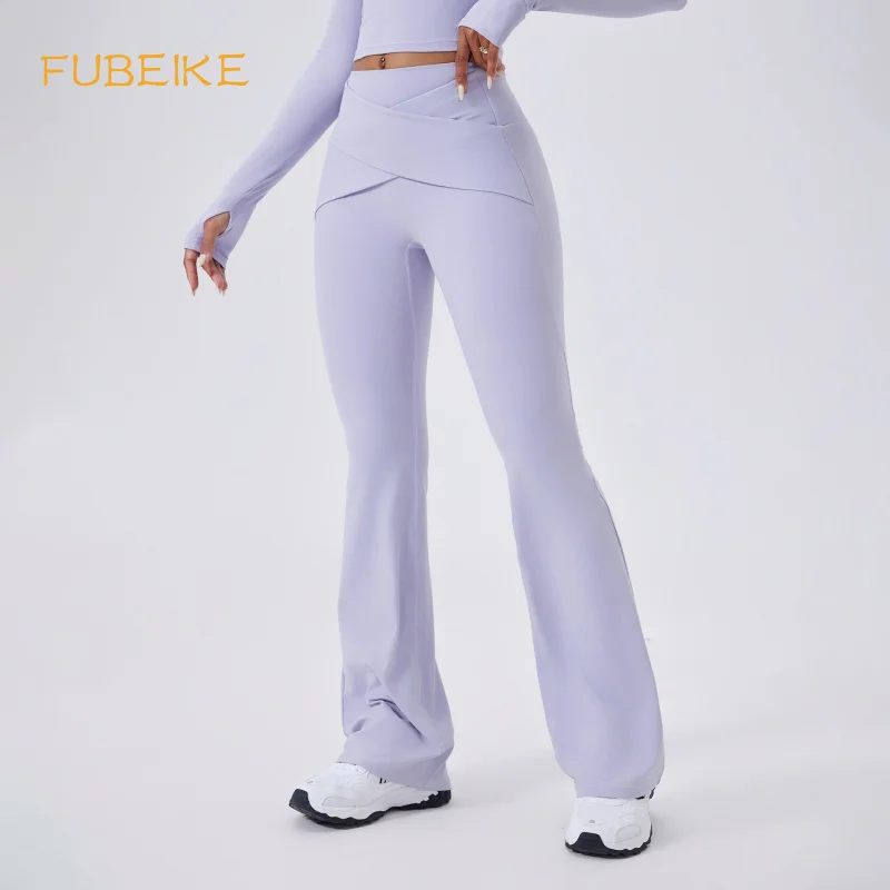 FUBEIKE Shadow High-Waisted Flared Pants Nude Feel Yoga Pants Waistband Cross-Shaping Long Sleeve Outdoor Female Clothing