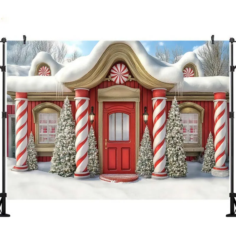 LS Red Xmas Candy Cane Store Background Photography Santa Claus Workshop Gift Snow Backdrop Decor Winter Kid Photo Studio view 2