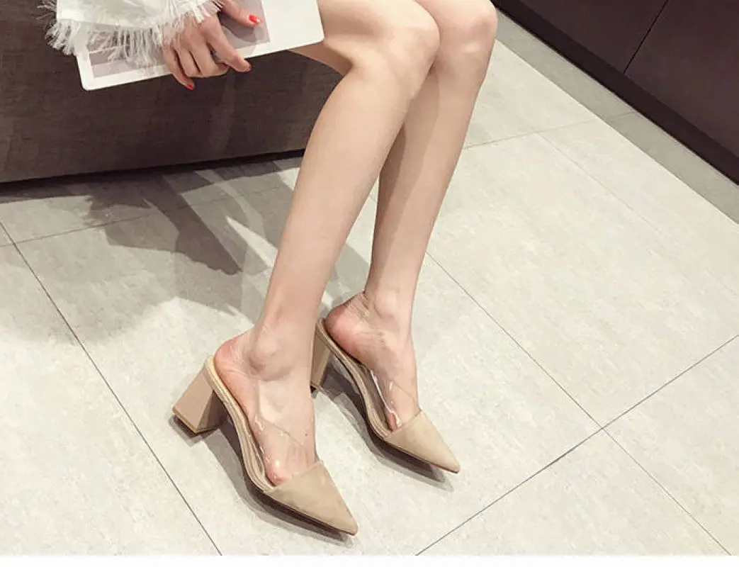 2023 New Arrival Summer Women\'s Pointy High Heels Half Support Transparent Fashion Thick Heel Sandals Root Women\'s Shoes