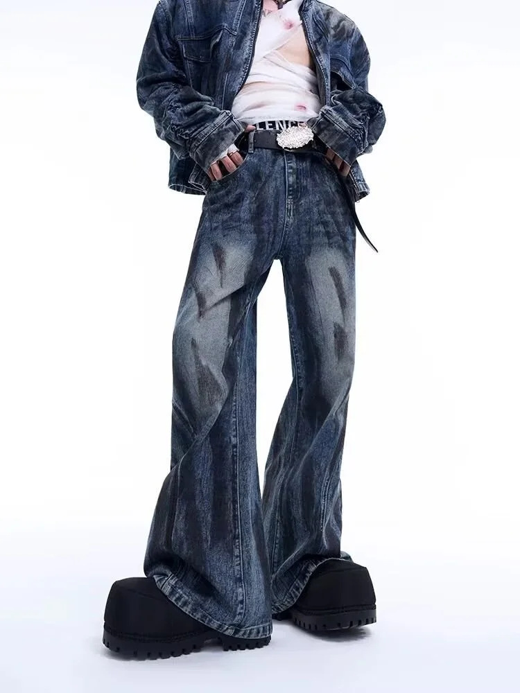 2025 American Retro Y2K Style Distressed Blue Baggy Flared Jeans Pants For Men Clothing Luxury Denim Trousers Pantalon Hombre
