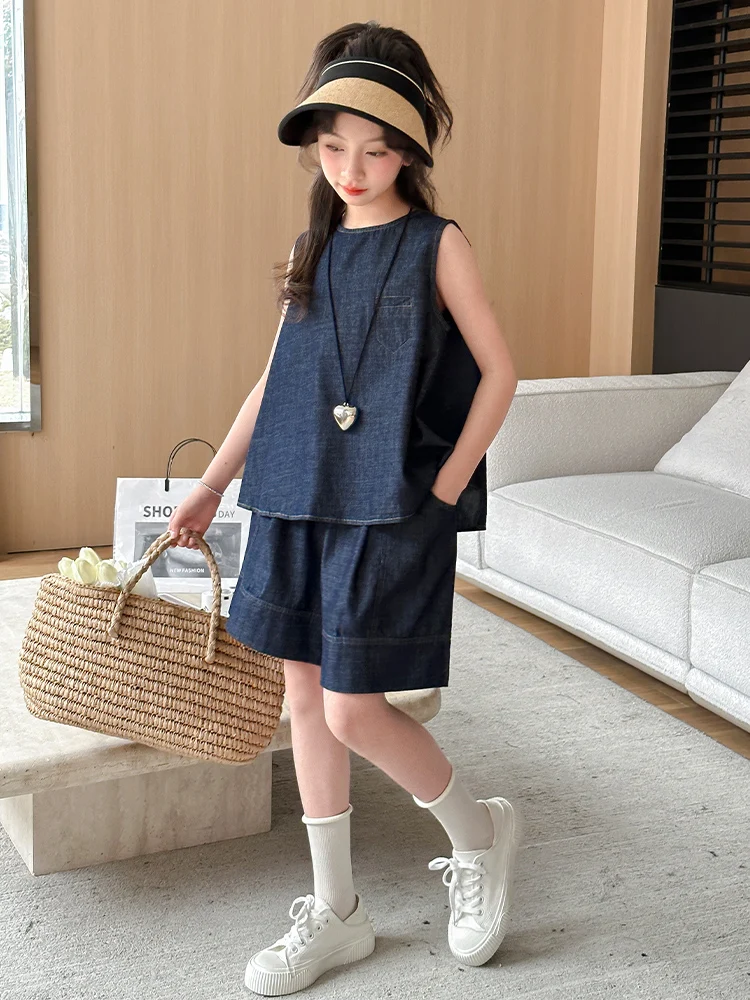 la-chapelle-girls'-summer-thin-denim-set-sleeveless-short-pants-korean-style-children's-clothing-5-14-years-old-kids'-outfits