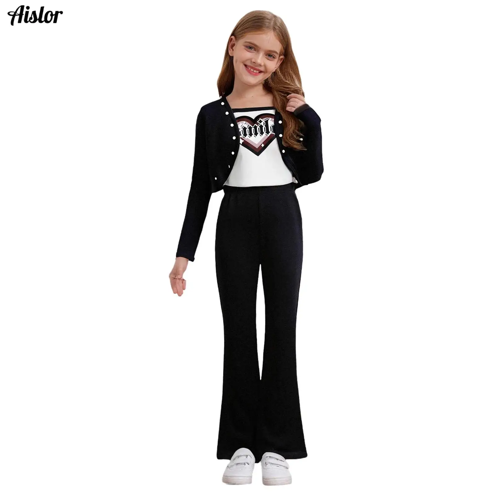 

Kids Girls 3-Piece Fashion Outfit Casual Clothes Long Sleeve Open Front Cardigan with Letter Printed Camisole and Flared Pants
