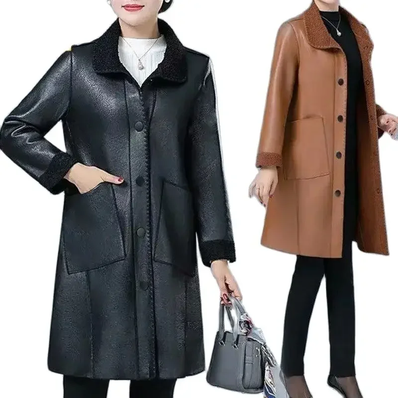

Pop 2025 Winter PU Leather Jacket Women's Autumn Long Velvet Thick Warm And Windshield Temperament Mother's Coat Leather Parka