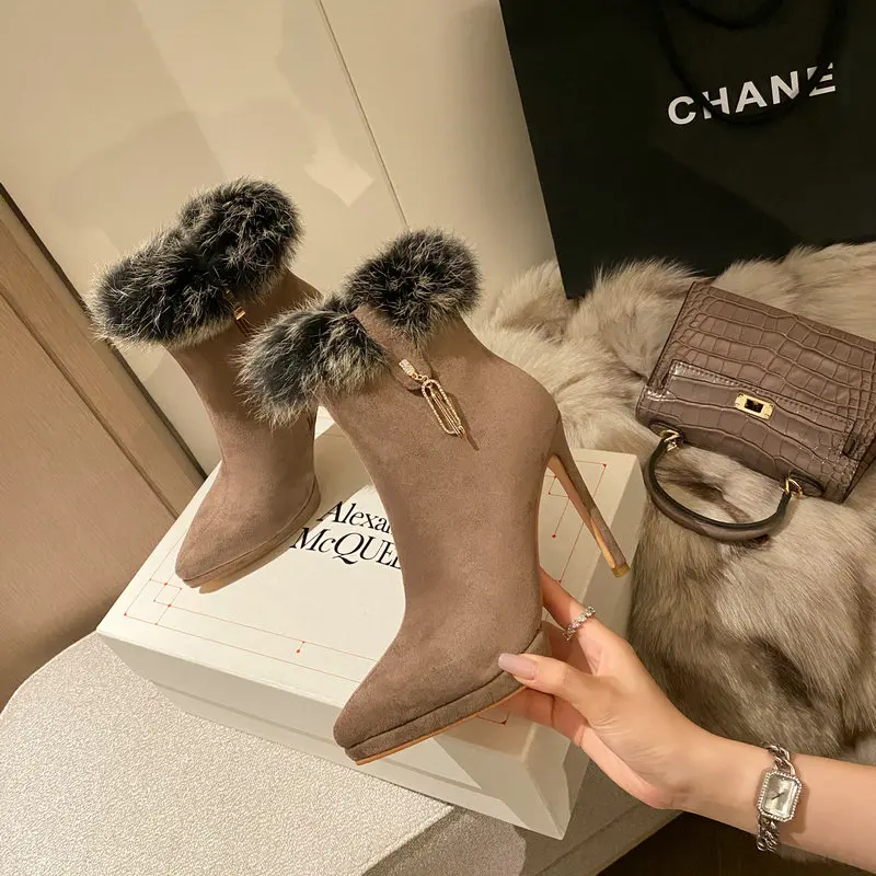 Pointy-toe Platform Sexy Ladies Stilettos Ankle Boots With Real Rabbit Fur Super Thin High Heels Winter Warm Women Shoes Pumps