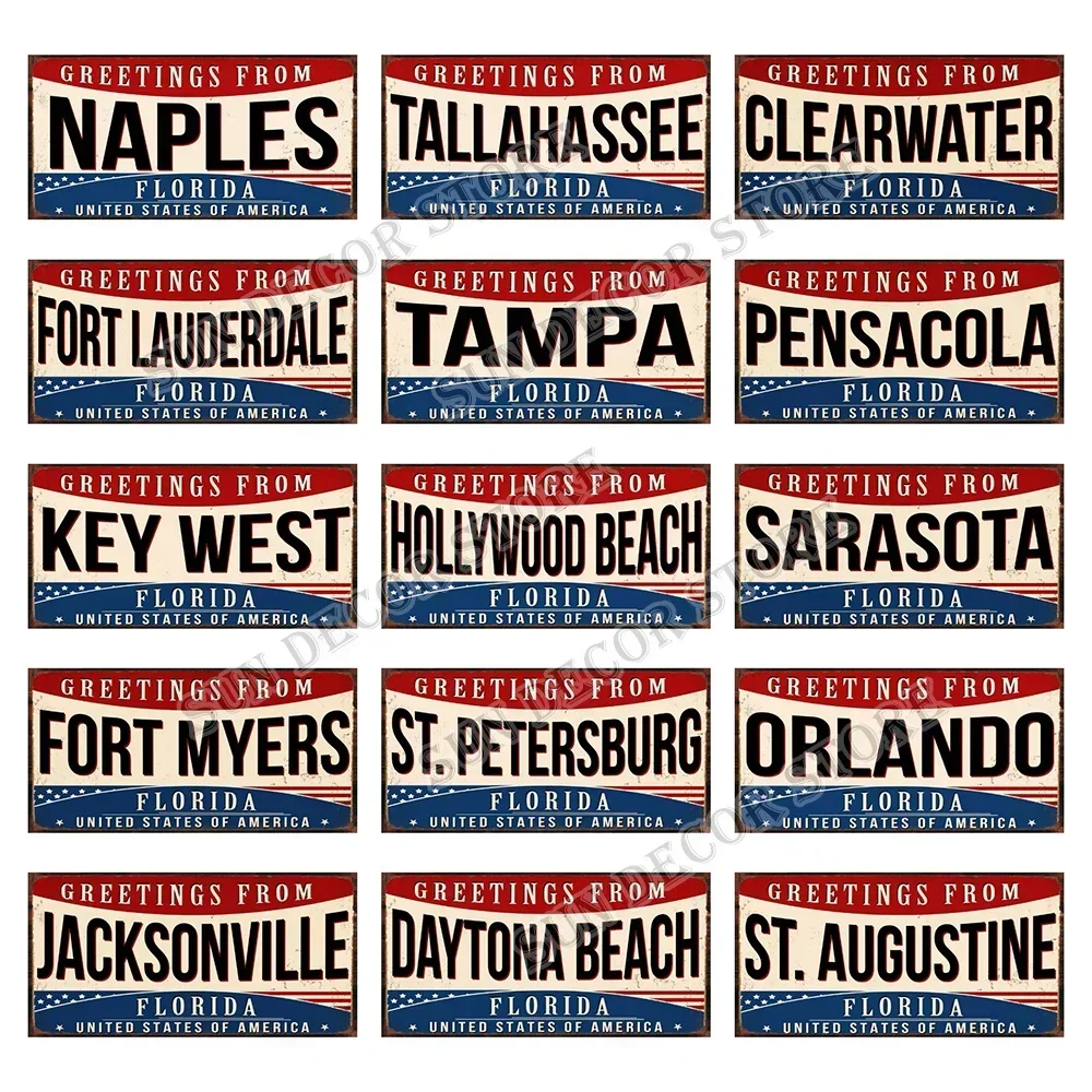 Greetings From Florida Orlando Lafayette City Car License Plate Vintage Metal Tin Sign Home Decor Wall Art 6x12Inch KL-0460