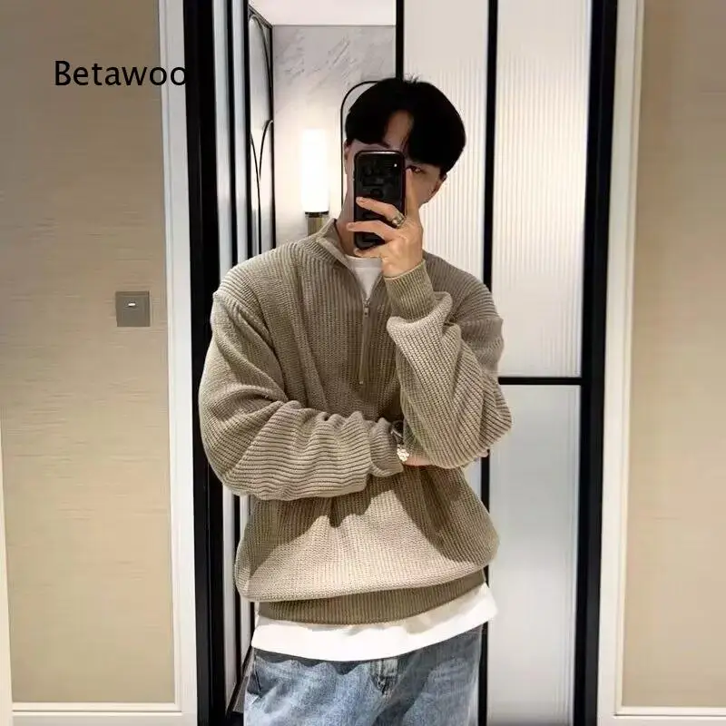 Korean Style Mens Autumn Half Zip Pullover Sweater Stand Collar Knit Tops Versatile Fashion Outerwear For Daily Casual Street An