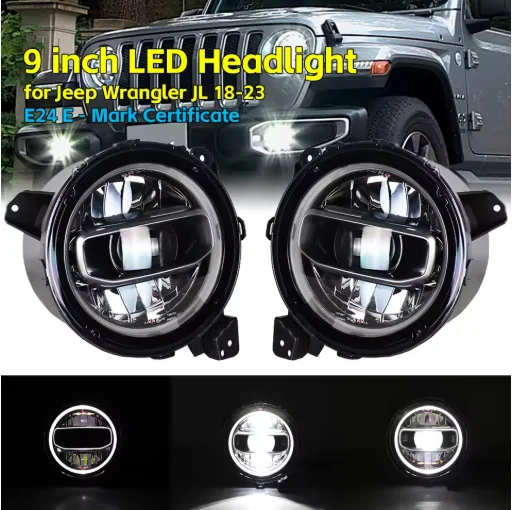 HIGH QUALITY Car 9 Inch LED Headlight E24 e-Mark Hi/Low Beam Halo DRL Lights for Jeep Wrangler JL JLU JT Rubicon 2018-2023 2019