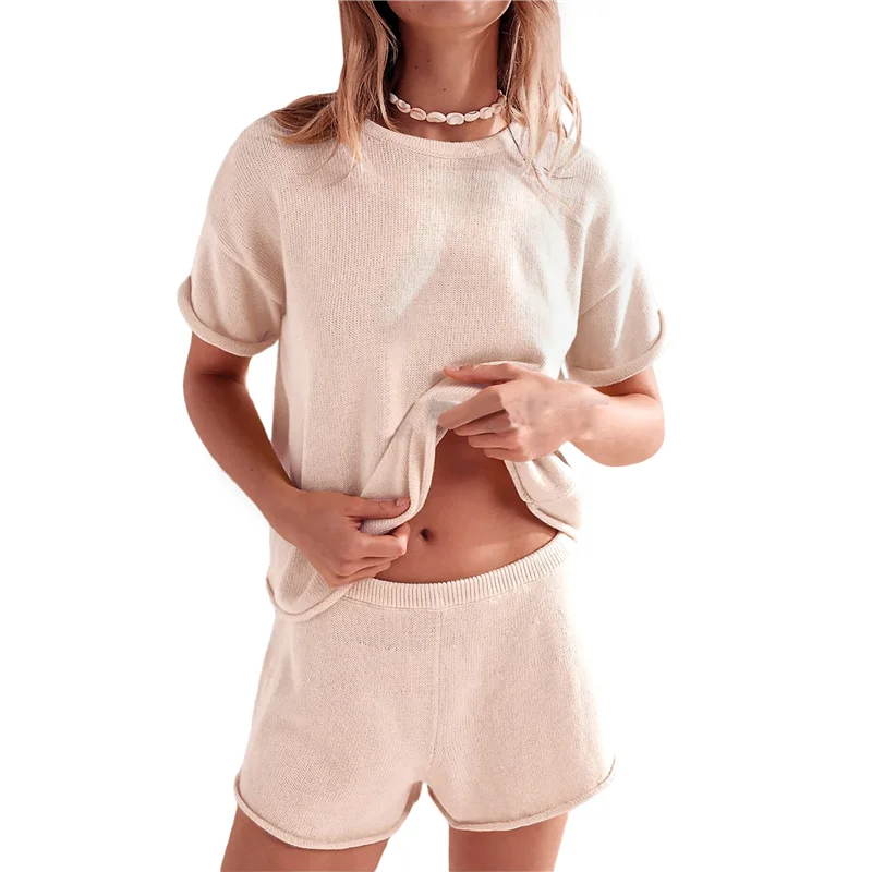 A83F-Womens Knit 2 Piece Raw Edge Rolled Short Sleeve Tops And Shorts Loungewear Set Travel Outfits