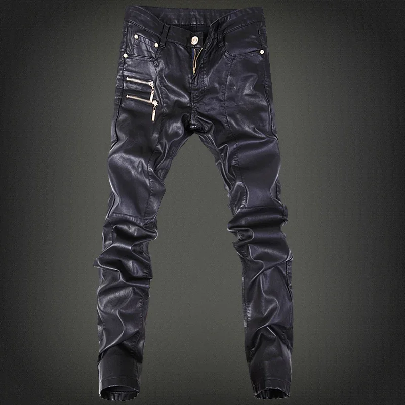 YASUGUOJI New 2023 Outdoors Pu Leather Pants Men Brand Fashion Skull Tag Patchwork Mens Skinny Motorcycle Leather Jeans Men