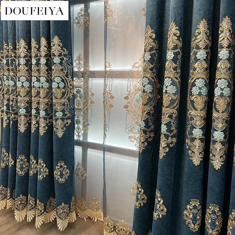 European Blue Embroidered Valance Chenille Luxury Curtains For Living Room Bedroom Dining Blackout Tulle Window Custom Size