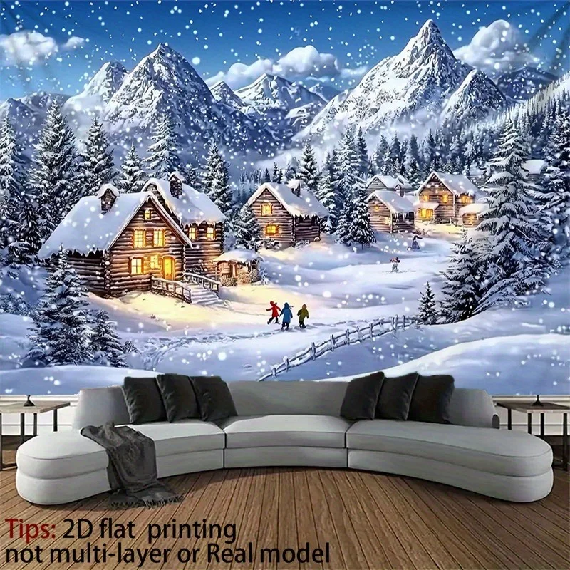 VIKAMA Frozen Christmas Village Tapestry, Blue Winter Wonderland Snowy Houses, Xmas Wall Hanging for Bedroom