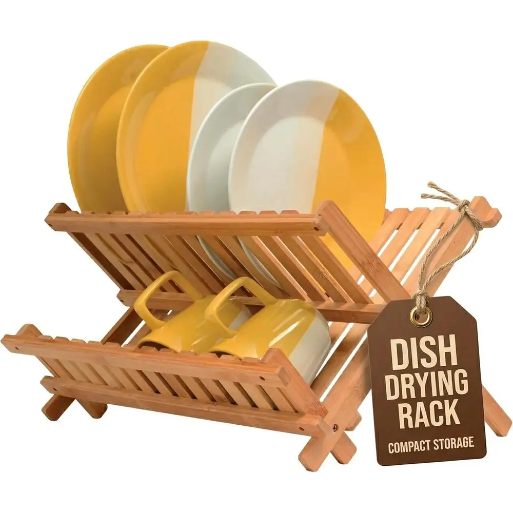 

Dish Drying Rack - Collapsible Bamboo 2 Tier oldable Wooden Dish Drainer or Countertop, Plates Cups Bowls Utensils, Eco riendly