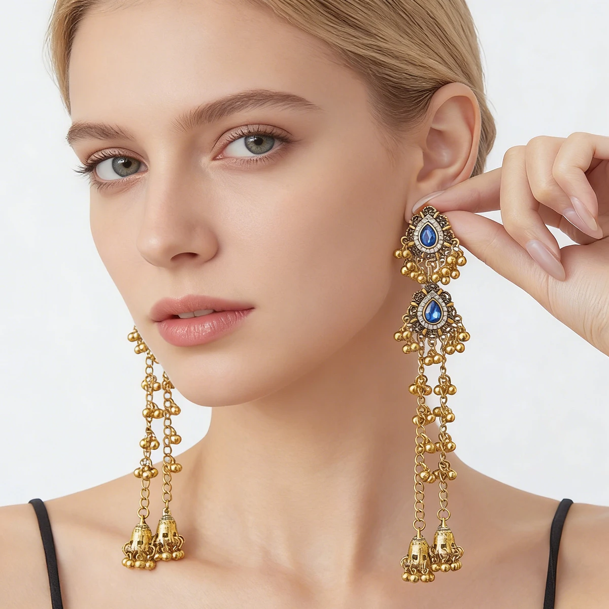 Retro Luxury Blue Crystal Long Tassel Earring Women's Fashion Geometric Water Drop Bell Dangle Earrings Female Wedding Jewelry