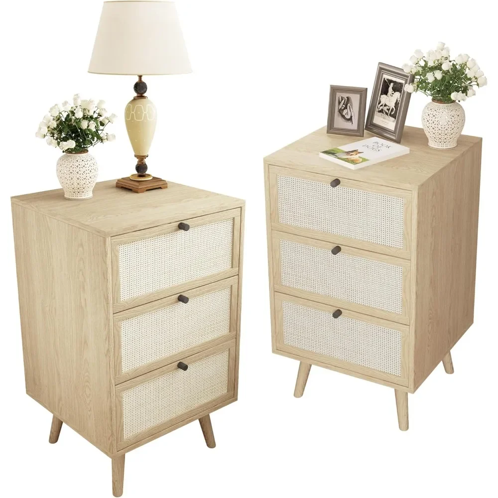 Rattan Nightstand Set of 2, End Table Rattan Bedside Table with Storage 3-Drawer Side Table with 3 Hand Made Rattan Decorated