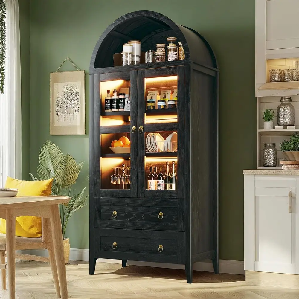 

Black Arched 71 Kitchen Pantry Cabinet with LED Lights, 2 Drawers, Adjustable Shelves, and Glass Door for Living/Dining Rooms