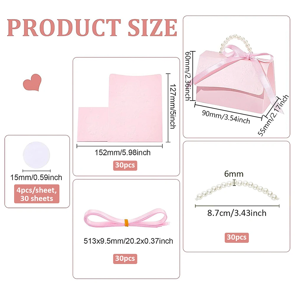 30 Set Wedding Favors Box DIY Set Pink Kraft Paper Box with Pearl Handle Ribbons Stickers Gift Boxes Wedding and Anniversary