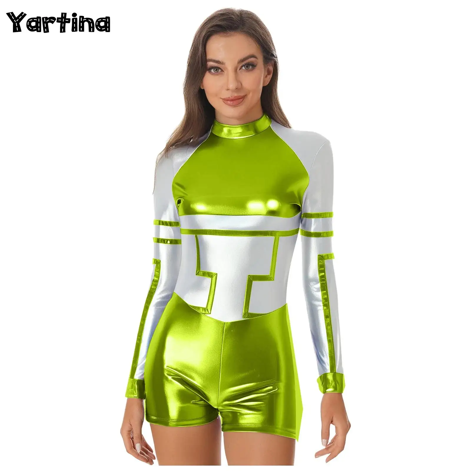 

Womens Astronaut Outer Space Alien Themed Party Costume Halloween Alien Robot Astronaut Cosplay Jumpsuit Metallic Shiny Bodysuit