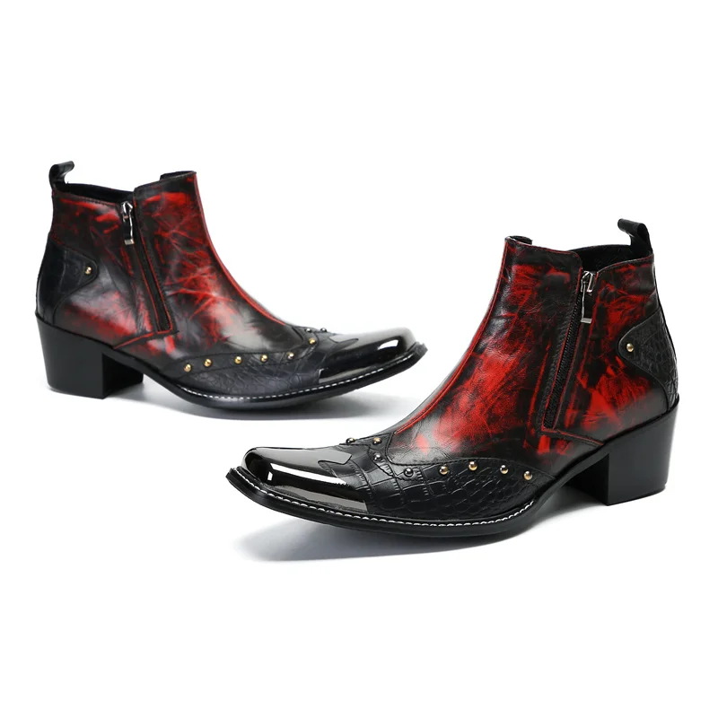 Designer Metal Square Toe Cowboy Motorcycle Short Boots Male Big Size Rivets Genuine Leather Ankle Boots Business Formal Shoes