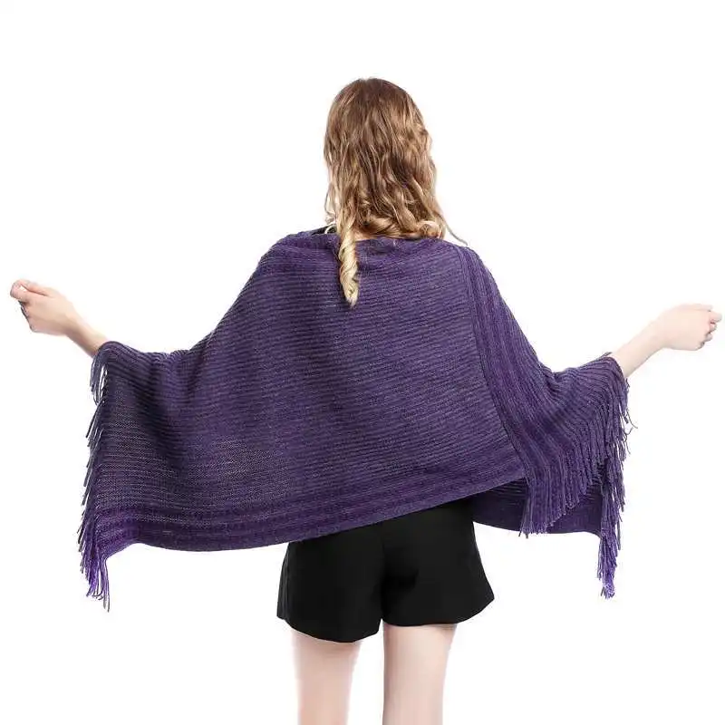 Korean Spring Autumn Hot Selling Imitation Wool Cloak Shawl Knitted Female Tassel Warm Covering Lady Coat Purple