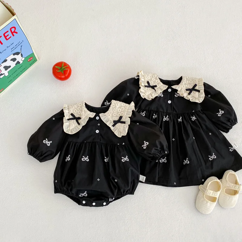 Spring Autumn Newborn Girl Infant Cotton Dress Baby Rompers Embroidered Flip Collar Bows Longsleeve Sister Dress