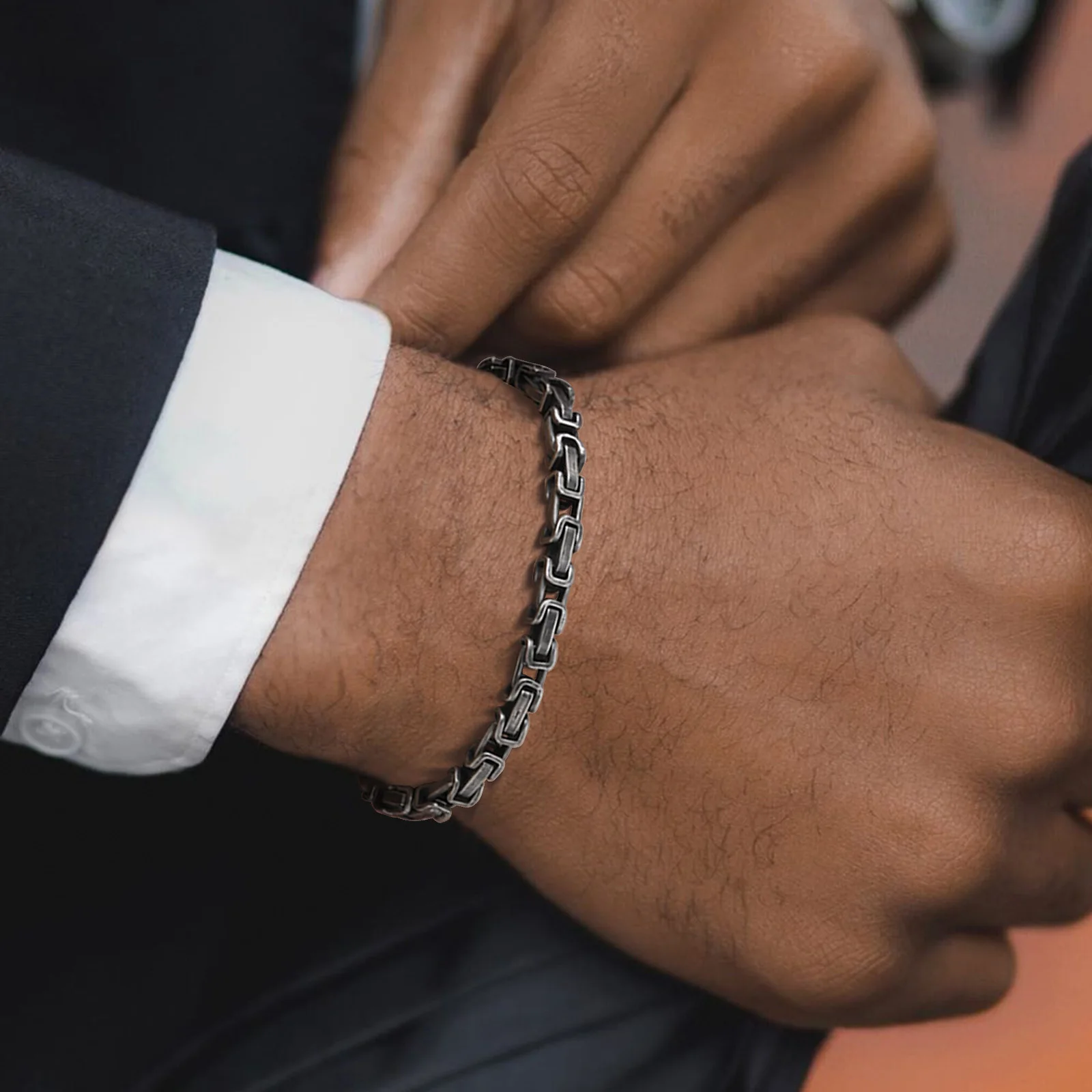 Mens Byzantine Bracelets,4mm Retro Grey Stainless Steel Handmade Link Wristband,Stylish Jewelry Gift for Him Boys