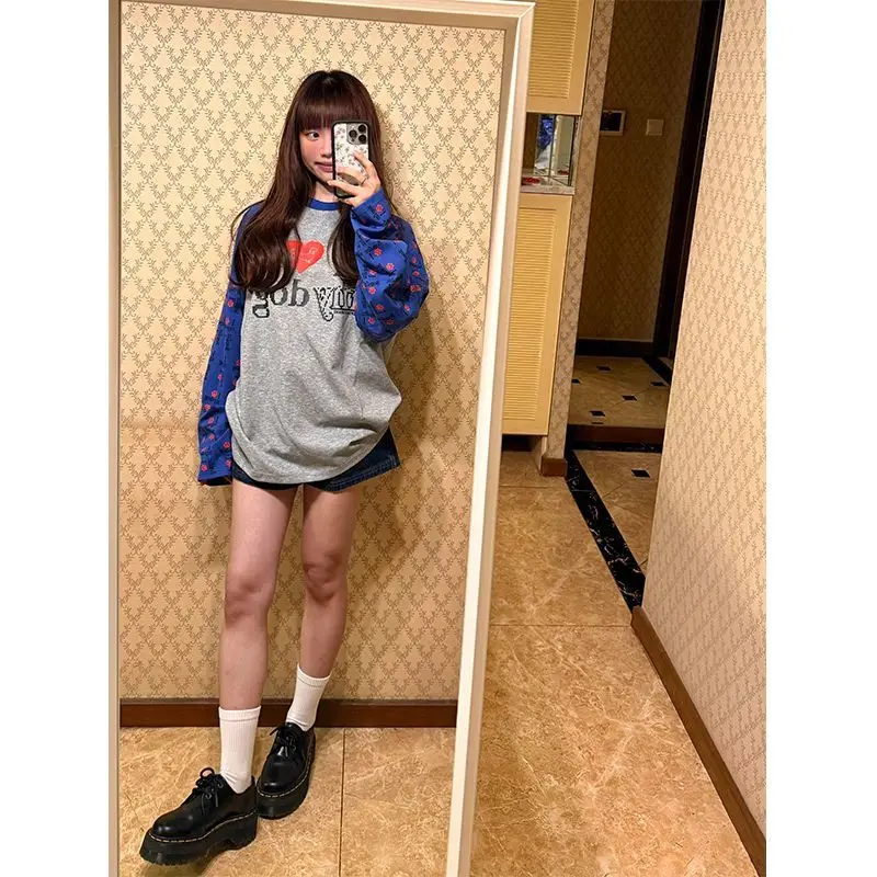 ヴィンテージ犬柄Tシャツ2025 - アメリカンレトロラグラン袖カラーブロックトップ、ユニセックス秋ルーズフィット長袖Tシャツ、Y2Kカジュアル