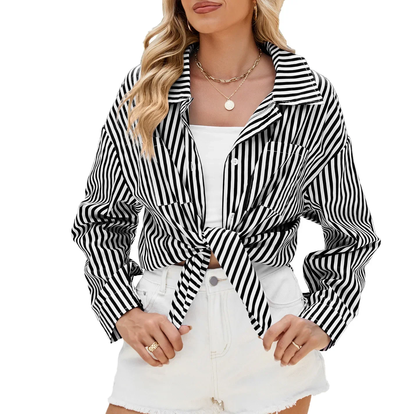 Top da donna a righe cardigan a maniche lunghe