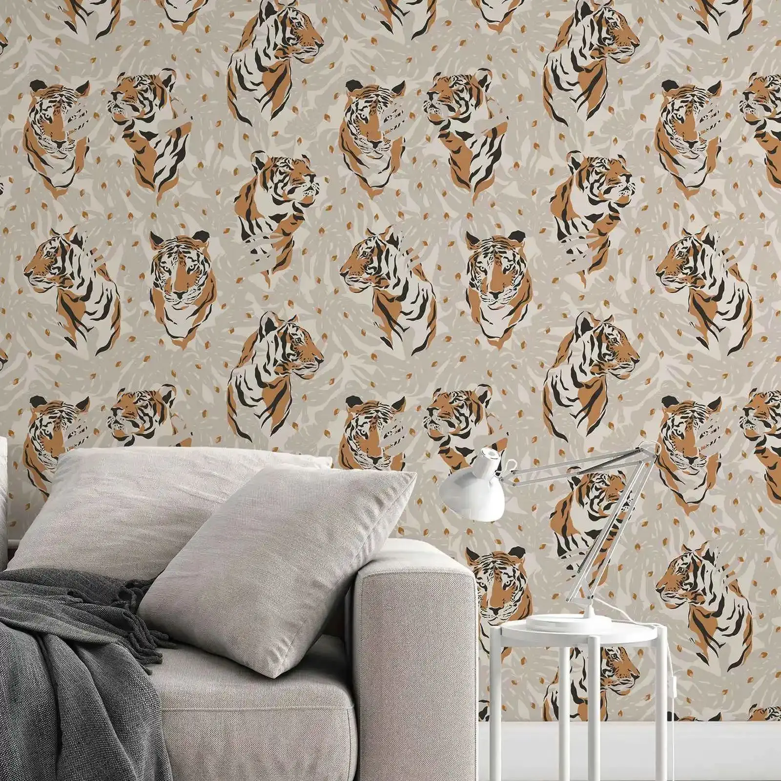 Tiger On The Biege Background Peel & Stick Wallpaper,Self Adhesive Animal Wall Paper For Home Decoration, Or Tradition Non Woven