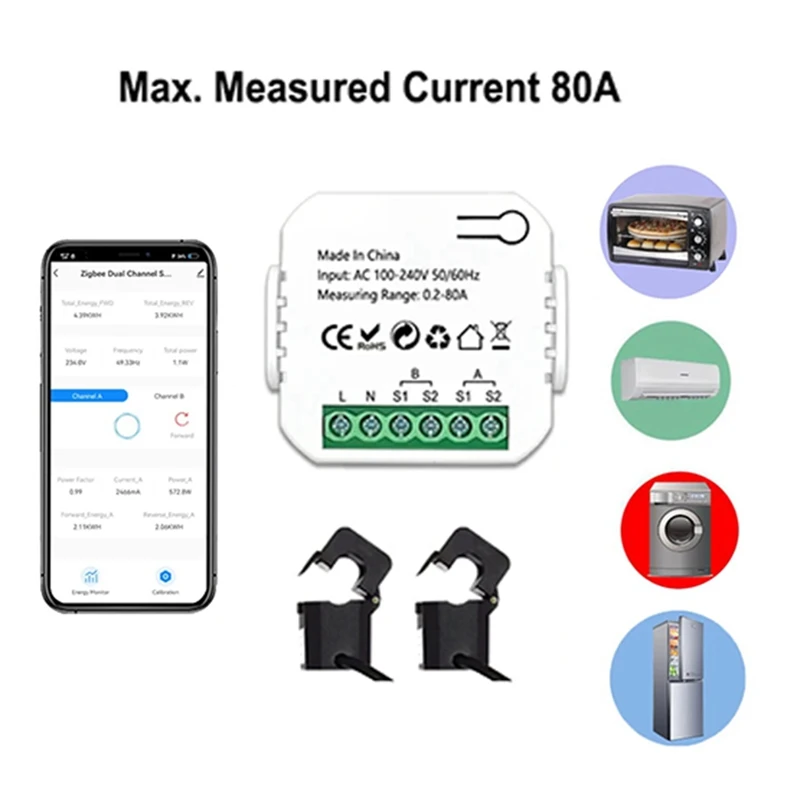 Zigbee-双方向エネルギー計,電流センサー付き,Tuyaスマートモニター,2チャンネル,80a,110v,240v