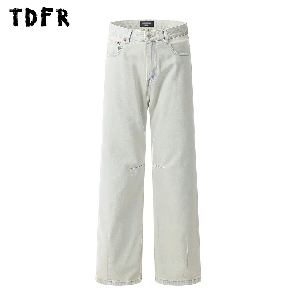 

Vintage Spliced Denim Pants Mens Washed Distressed Streetwear Straight Loose Wide Leg Jeans Men Trousers