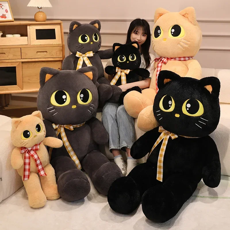 60/80/100cm Cute Soft Black Gray Yellow Cat Plush Pillow Sofa Cushion Kawaii Plush Toy Stuffed Cartoon Animal Doll Lovely Gift