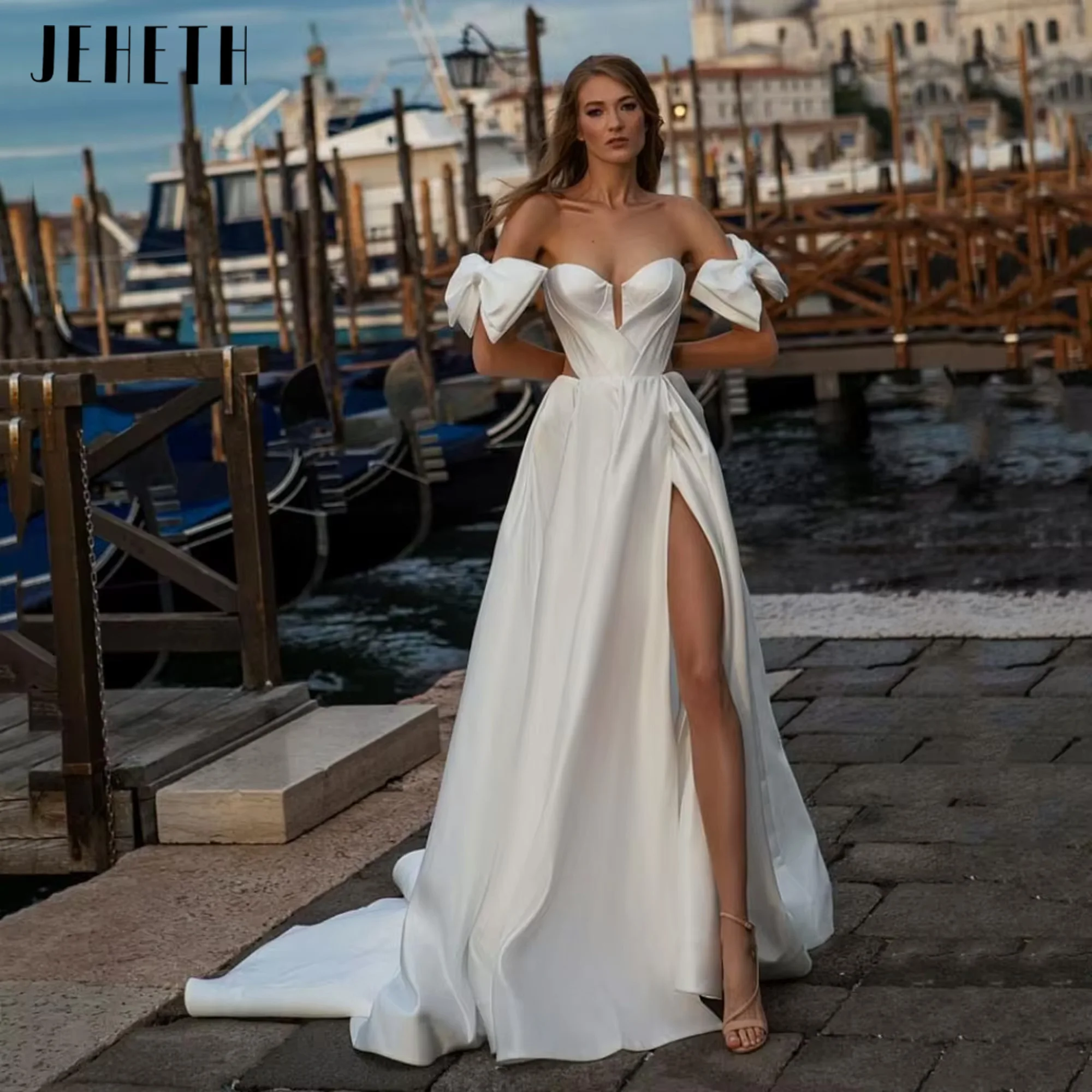 

Elegant Sexy Simple Wedding Dress A-Line Sleeveless Bride Robe Bow Sweetheart High Split Bridal Gown Vestido De Noiva Customized