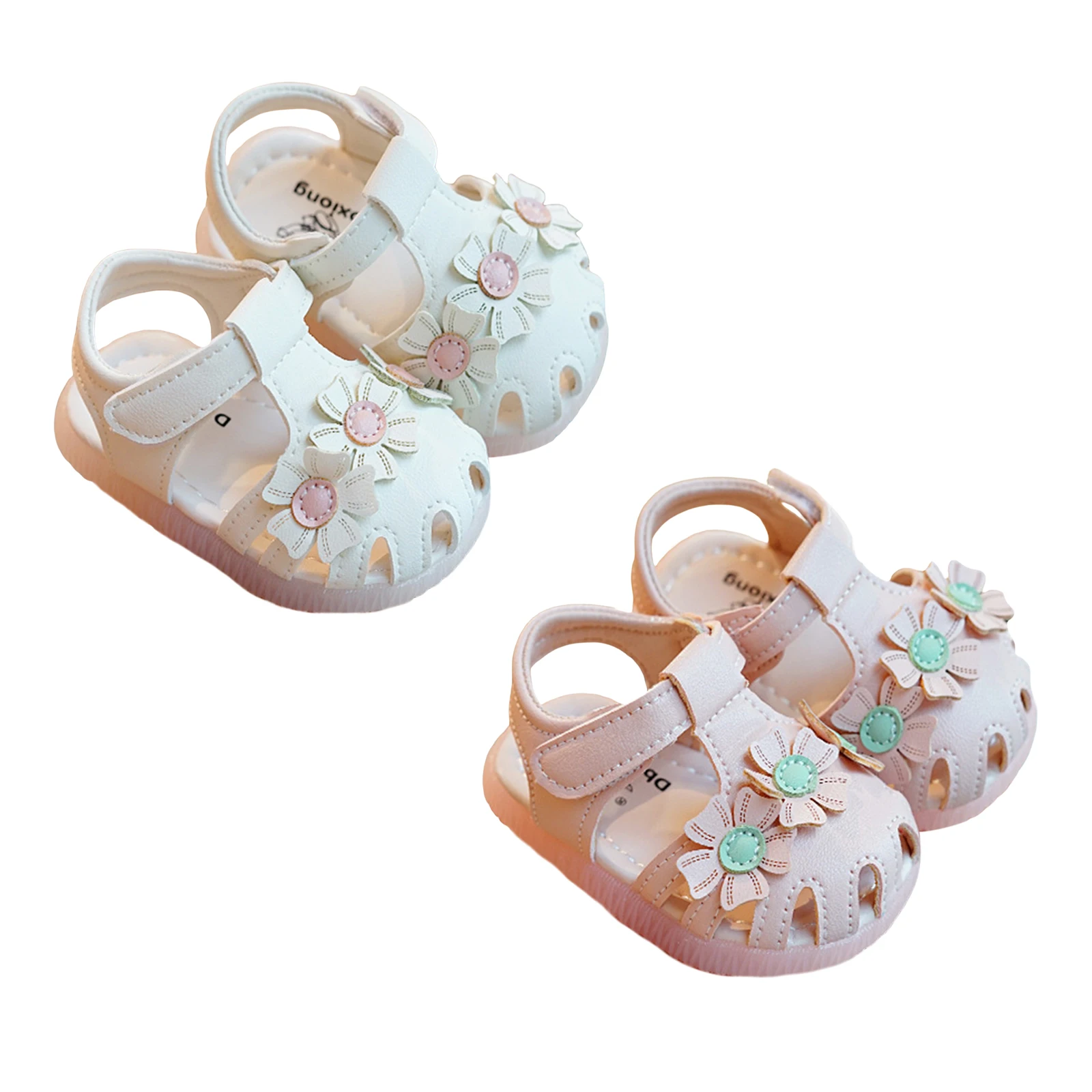 12-14cm Little Girl Summer Sweet Cute Sandals Anti-slip Soft Sole Closed-Toe 3D Flower Decor Shoes for Outdoor, School, Party