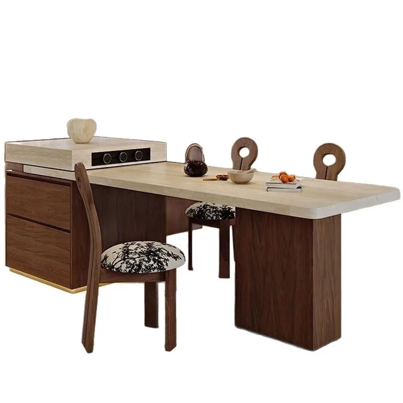 Medieval solid wood telescopic travertine rock slab island dining table integrated household multi-functional walnut color