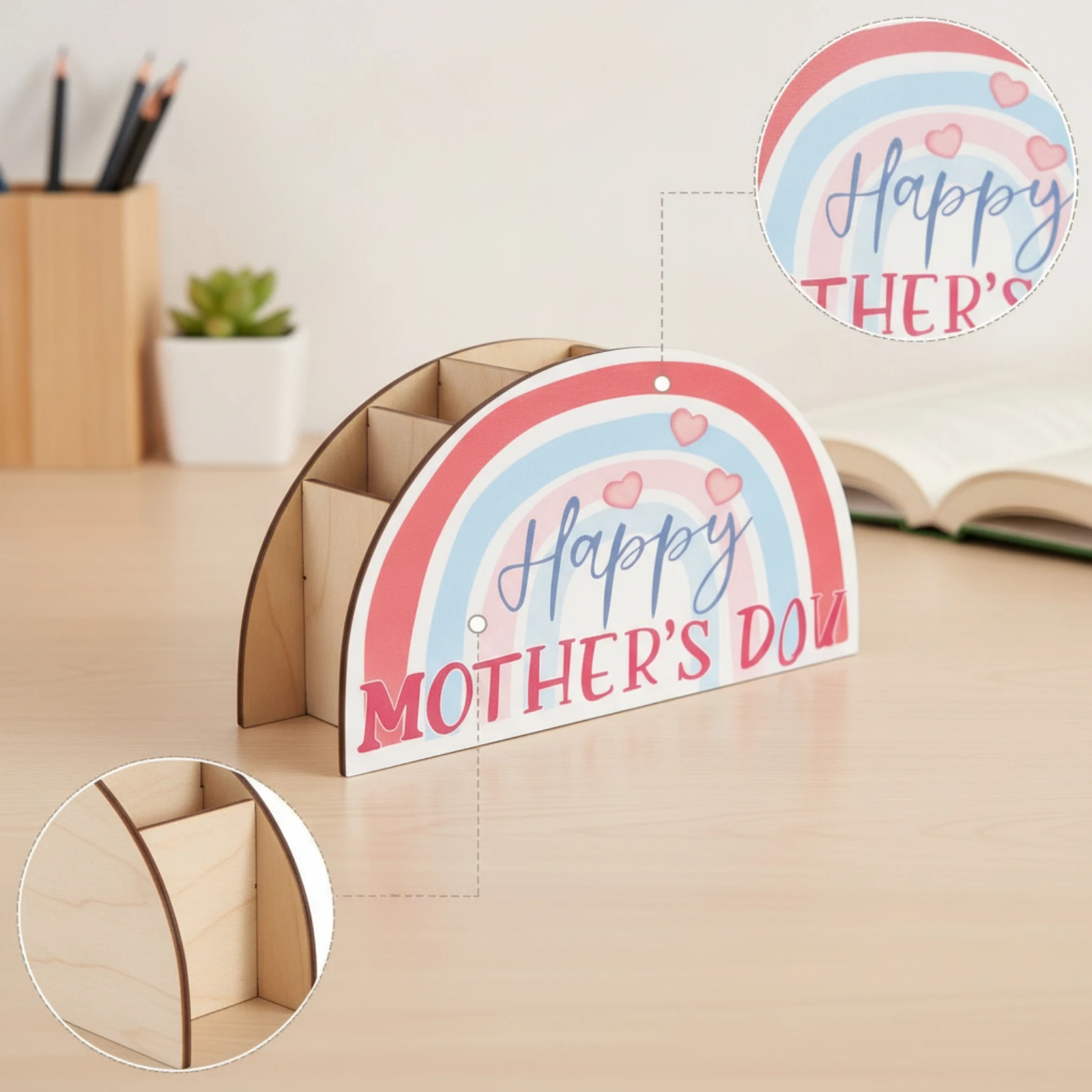 Stationery Holder with Slots Wooden Desktop Storage Box Desk Organizer Arched 5-Slot for Students, Office, Classroom