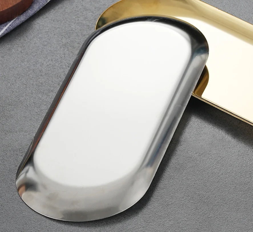 Korean-Style Stainless Steel Oval BBQ Plate Golden Pastry Dish Western Tableware Multi-Purpose Restaurant Quality Towel Tray
