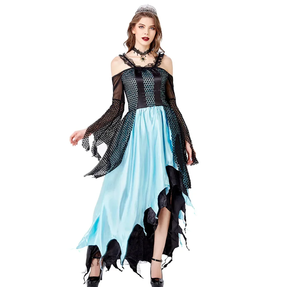 

Halloween Women European Medieval Court Fancy Vampire Cosplay Costume Carnival Vintage Strapless Long Sleeve Queen Long Dress