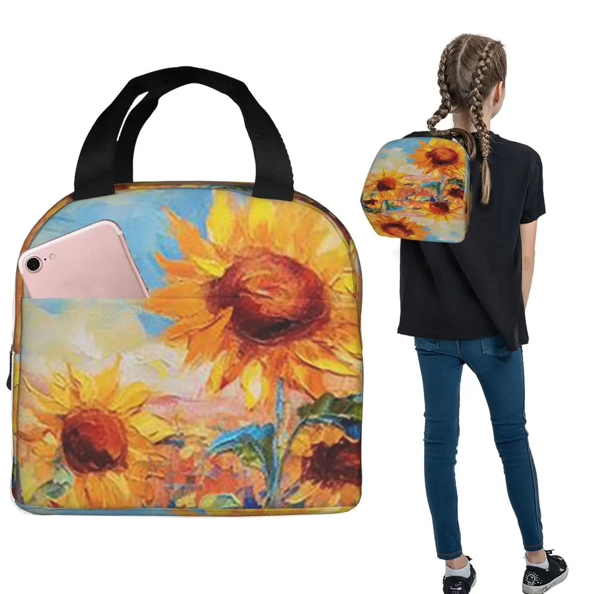 Vibrant Sunflower Vintage Oil Painting Insulated Lunch Bag for Women Kids Leakproof Food Boxes Thermal Lunch Box Tote