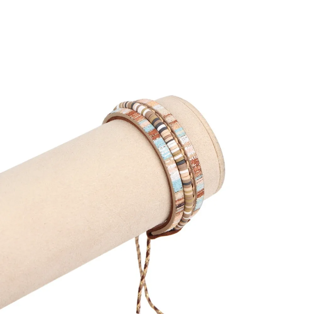 Women Boho Multicolor Strip Faux Leather Wrap Bracelet Disc Bead Adjustable Drawstring Cuff Casual Daily Western Jewelry Gift