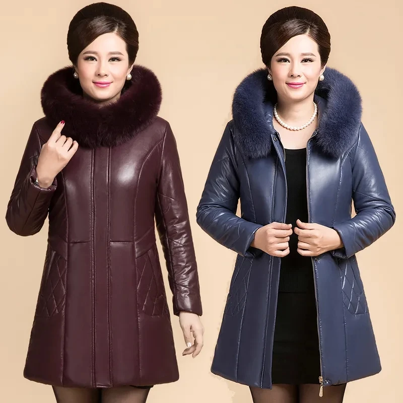 

Plus Size 6XL PU Leather Jacket Womens Thicken Warm Winter Down Cotton Coats Long Hooded Cotton-Padded Outwear Mother Clothing