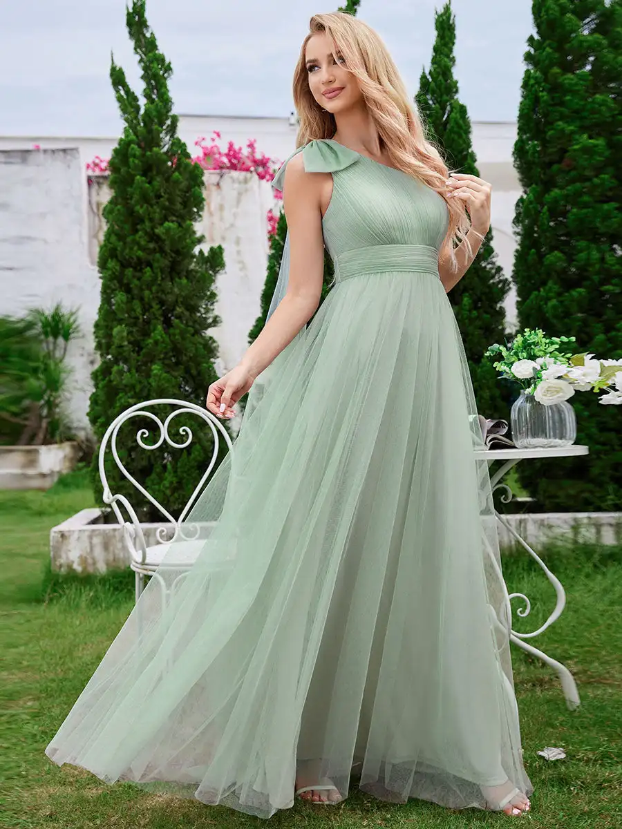 Elegant Evening Dresses Romantic One Shoulder Bowknot Streamer Tulle 2024 Ever Pretty of Mint Gree Bridesmaid Dress