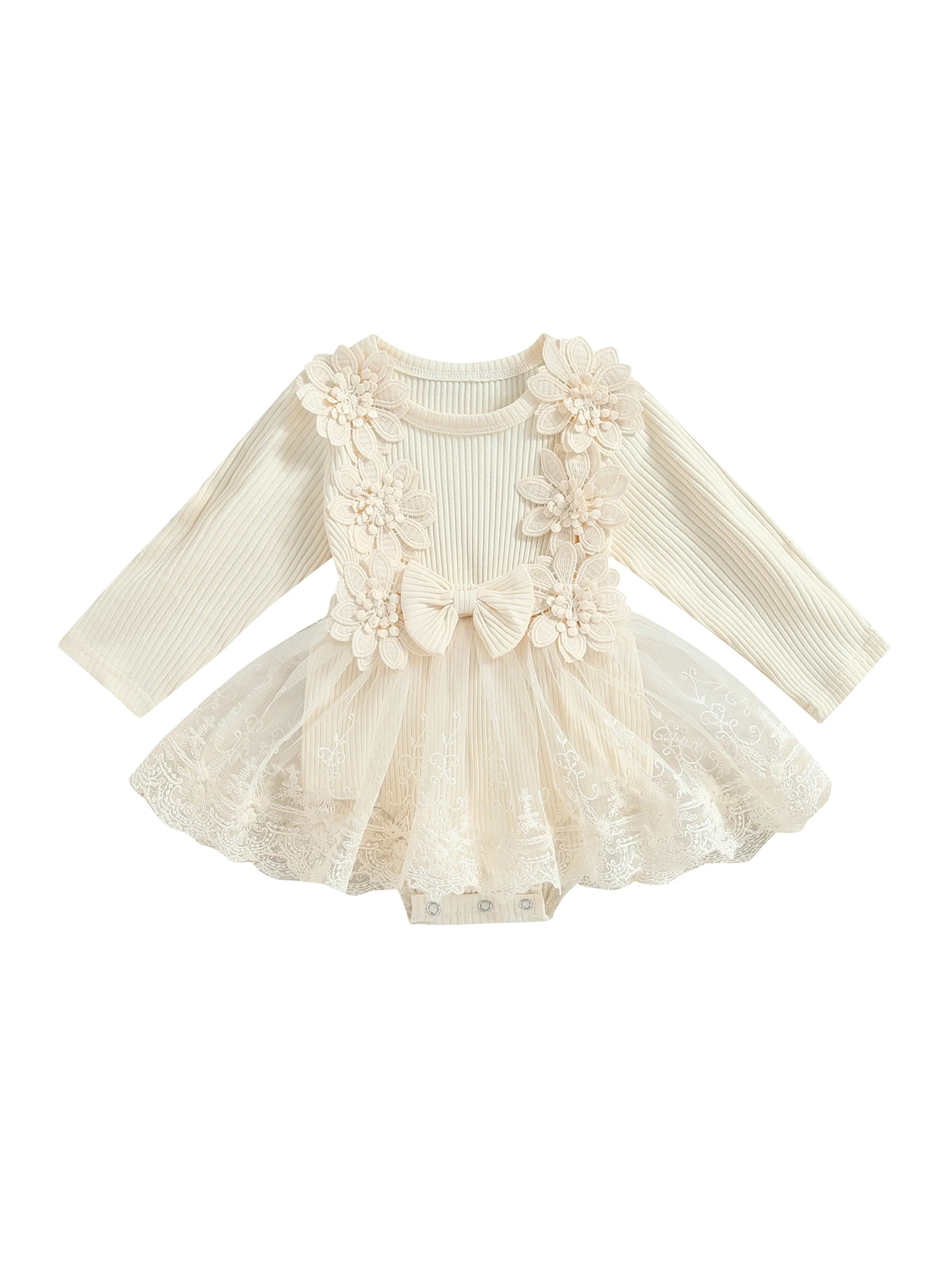 

Baby Girl Floral Lace Ruffle Romper Dress with Long Sleeves - Adorable 3D Flower for Toddler Girls - Perfect Fall Outfit
