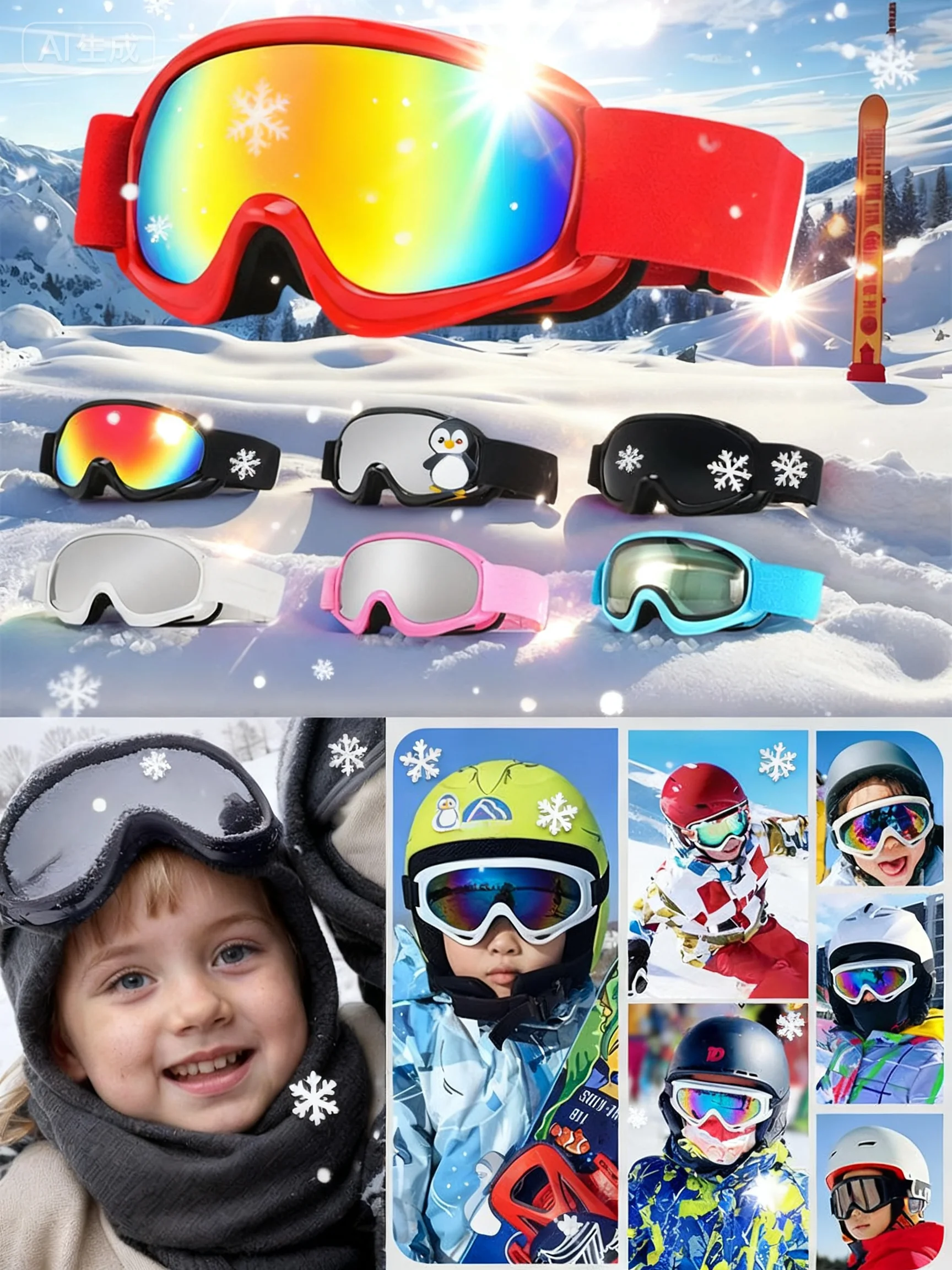 New Cute Kids Ski Goggles for Age 4-14 Anti-fog UV400 Snow Eyewear Outdoor Sports Winter Snowboard Children Skiing Glasses