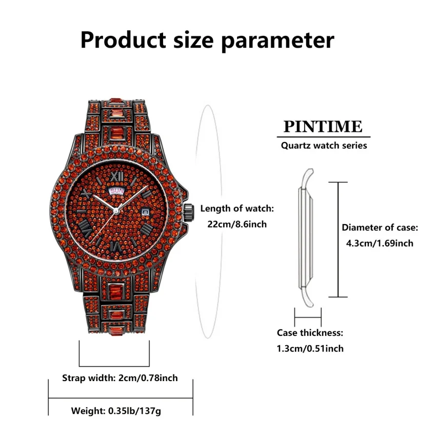 Luxury Hip Hop Stainless Steel Red Color Calendar Watch For Men Iced Out Paved Rhinestones Men Watch Reloj Hombre