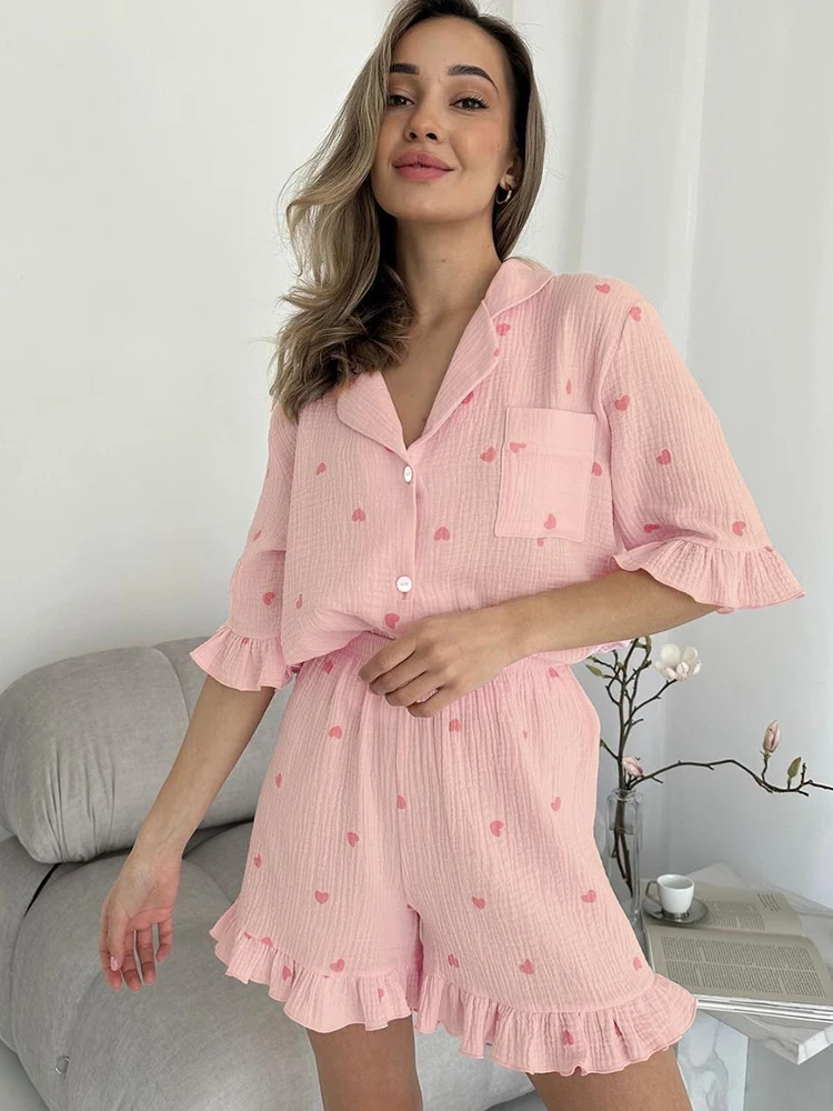 Hiloc Ruffle Pajamas For Women 2 Piece Sets Print Half Sleeve Sleepwear Female Cotton Suits With Shorts Summer Casual Homewear